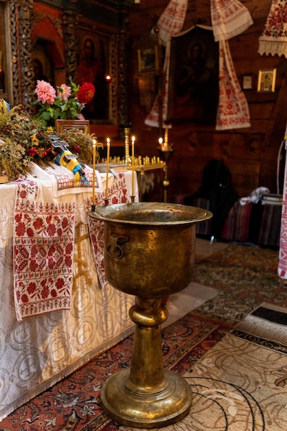 Bowl for baptism in the church orthodox interior holiday