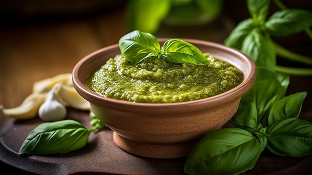 A bowl of basil pesto with basil leaves on the side