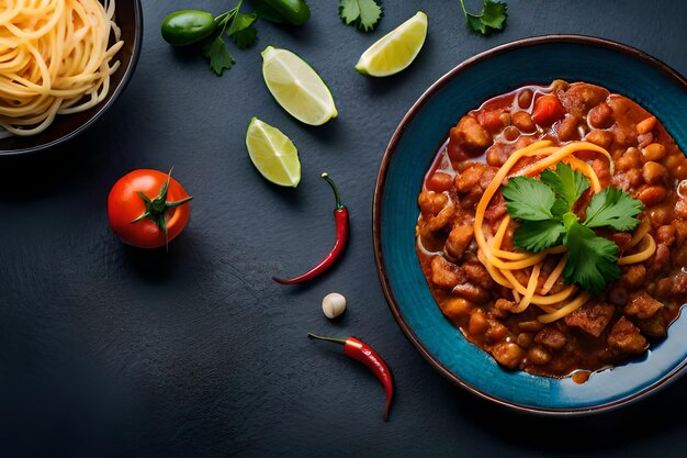 a bowl of beans and beans with a blue bowl of chili.