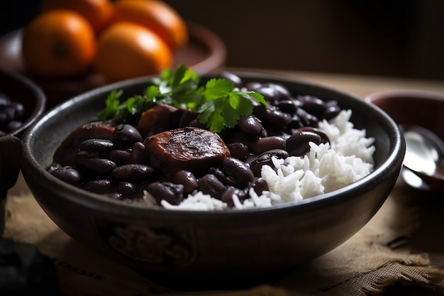 A bowl of beans and rice with a bunch of oranges in the background