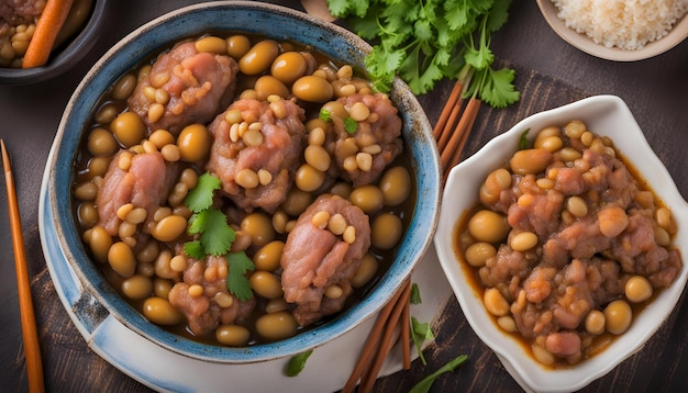 a bowl of beans with beans and beans on a table