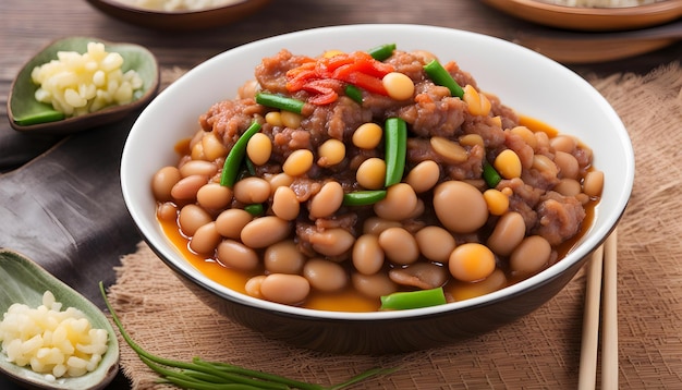 Photo a bowl of beans with beans and beans on a table