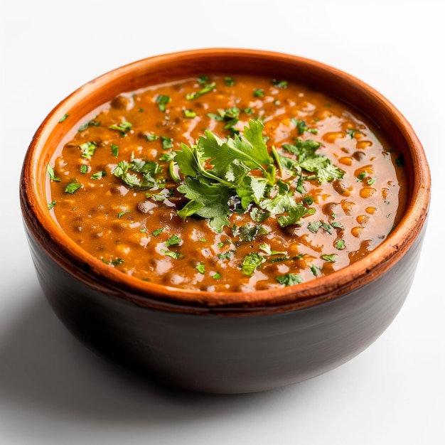 a bowl of beans with a green garnish on the side