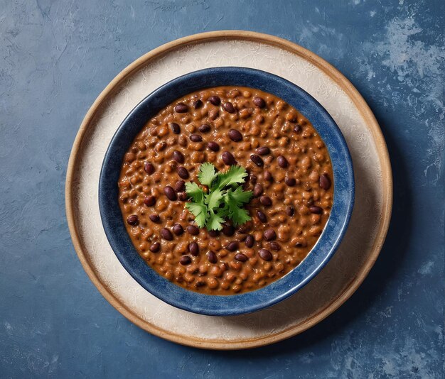 Photo a bowl of beans with a green leaf on top of it