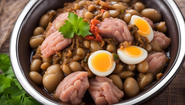 Photo a bowl of beans with a green leaf on top of it