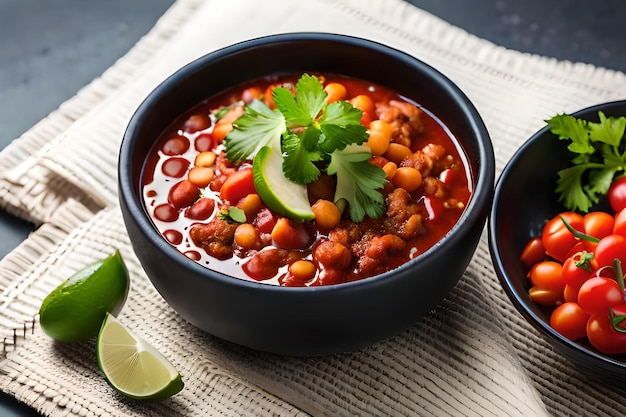 A bowl of beans with a lime wedge on the side