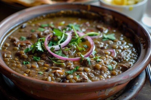 a bowl of beans with onions and onions on it