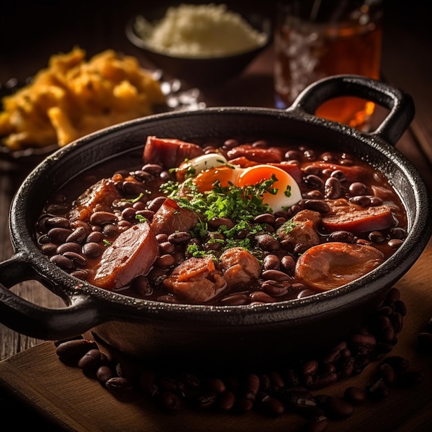 A bowl of beans with a sausage and eggs