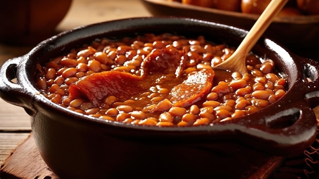 A bowl of beans with sausages and sausages