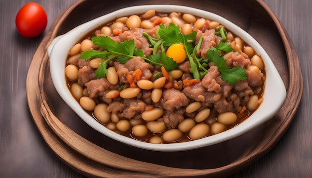 Photo a bowl of beans with a side of beans and a piece of parsley