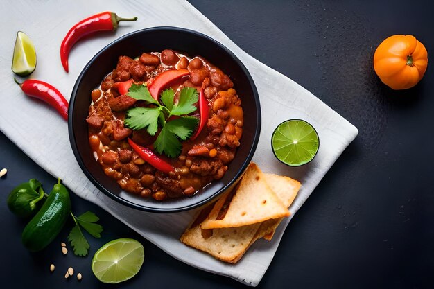 a bowl of beans with a slice of bread and a slice of bread.