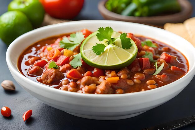 a bowl of beans with a slice of lime on top.