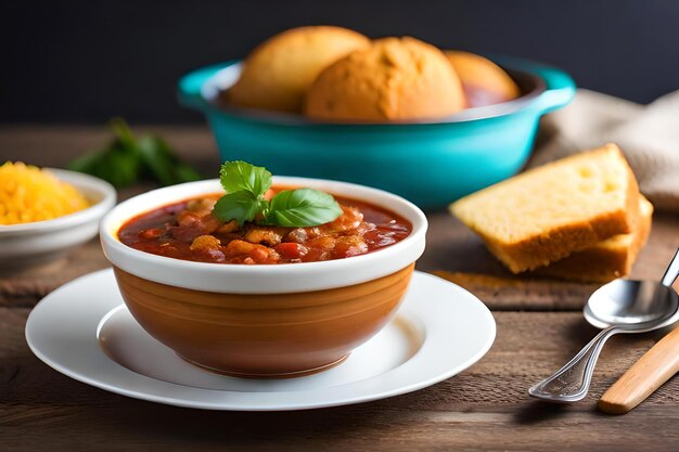 A bowl of beans with a spoon on a plate with bread and bread on it