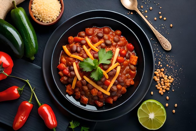 Photo a bowl of beans with a spoon and a spoon on the table.