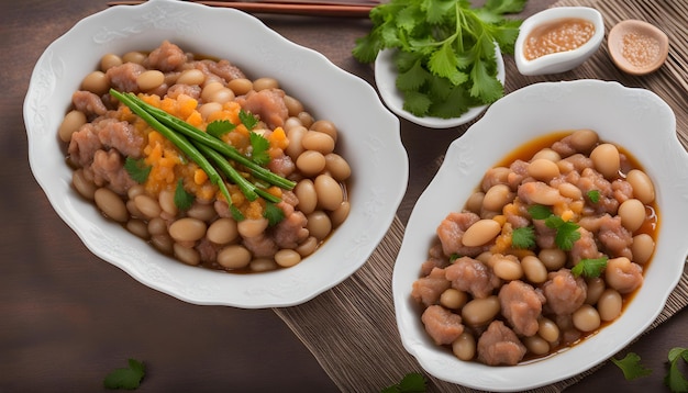 a bowl of beans with a white bowl of beans and a plate of beans