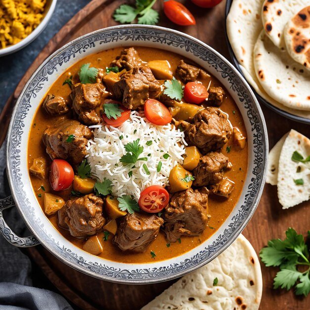 Photo a bowl of beef curry with rice and pita