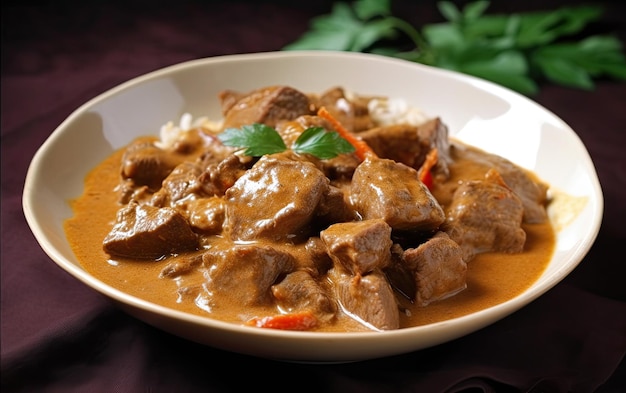 A bowl of beef curry with rice on the side