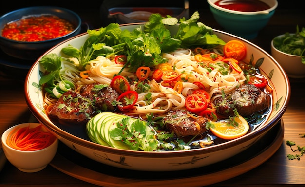 a bowl of beef noodle soup with basil