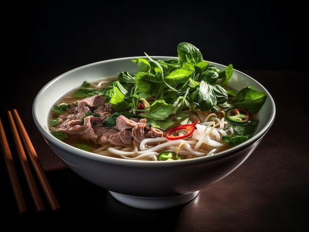 A bowl of beef noodle soup with a black background.