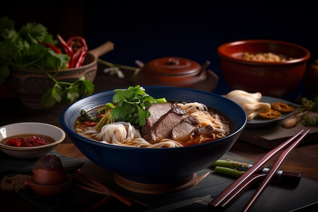 A bowl of beef noodle soup with a bowl of noodles and a bowl of chili.