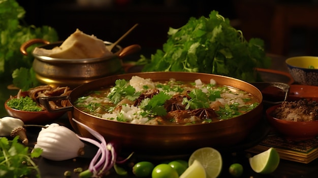 A bowl of beef and rice with limes on the side