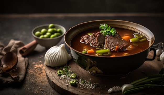 A bowl of beef soup with green peas and green peas on a wooden table.