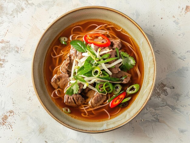 a bowl of beef soup with noodles and vegetables on a table