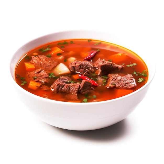 A bowl of beef soup with a red chili pepper on top.