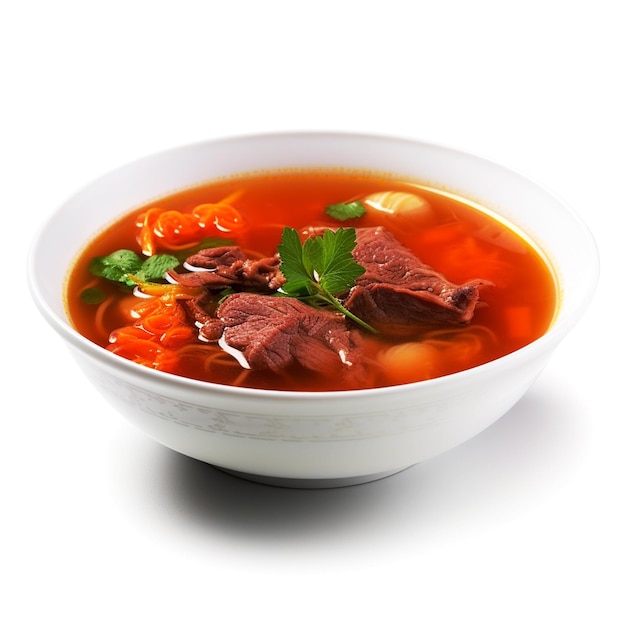 A bowl of beef soup with a sprig of parsley on the side