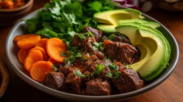 A bowl of beef stew with avocado, avocado, and carrots.