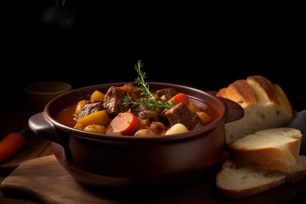 A bowl of beef stew with bread on a wooden board