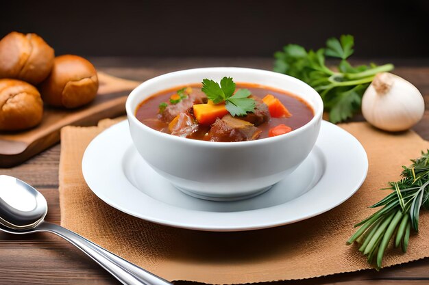 A bowl of beef stew with carrots and celery on a wooden table.