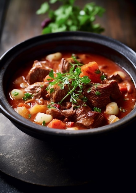 A bowl of beef stew with carrots and celery