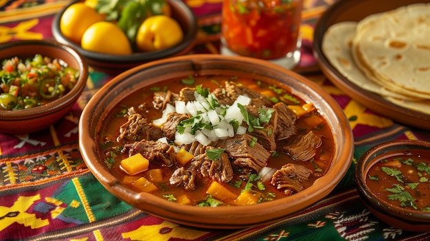 A bowl of beef stew with onions and lime on a table