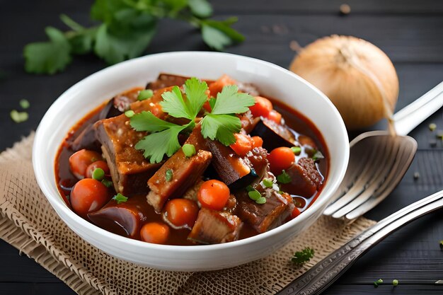 a bowl of beef stew with onions and mushrooms.