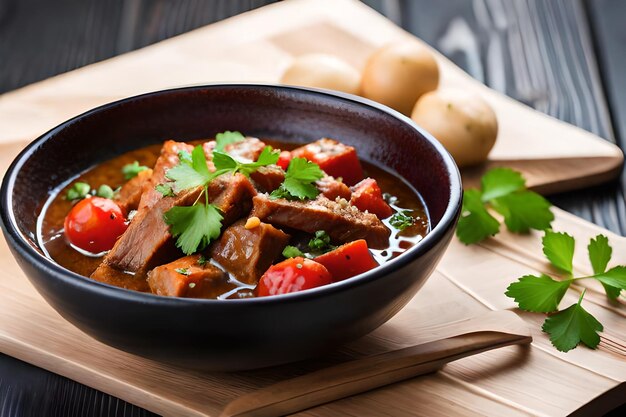 a bowl of beef stew with parsley and parsley