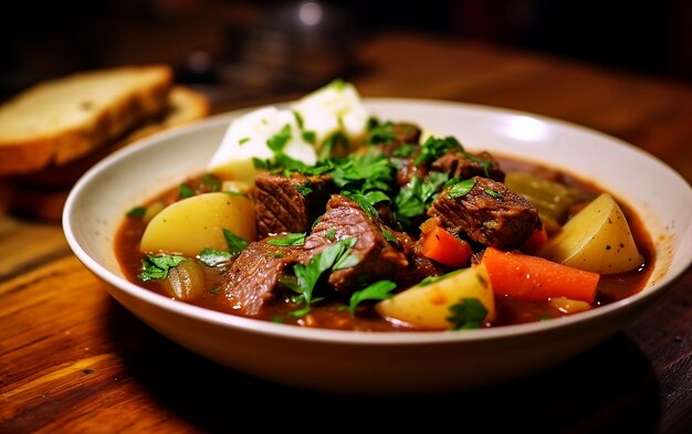 A bowl of beef stew with potato