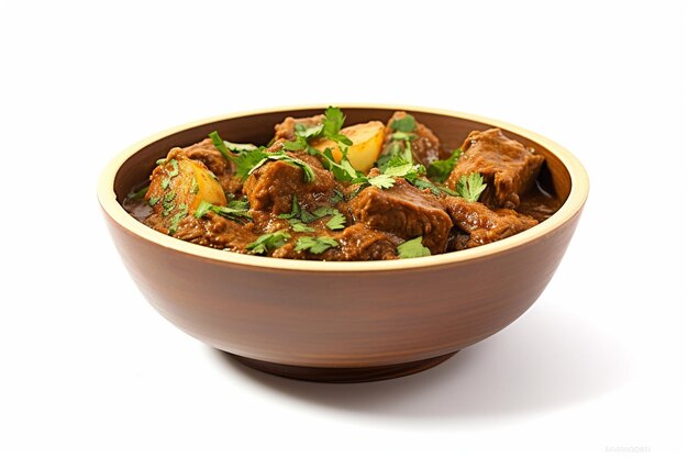 A bowl of beef stew with potatoes and cilantro.