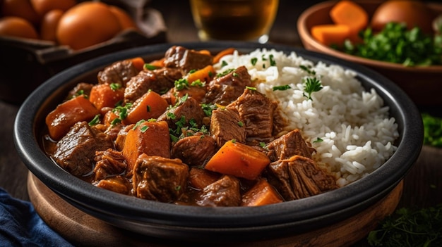 A bowl of beef stew with rice and carrots on the side