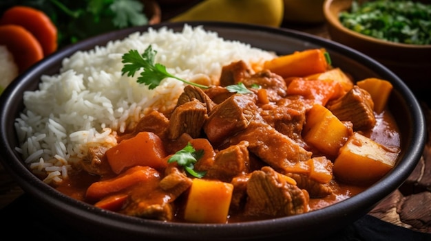 A bowl of beef stew with rice on a table.