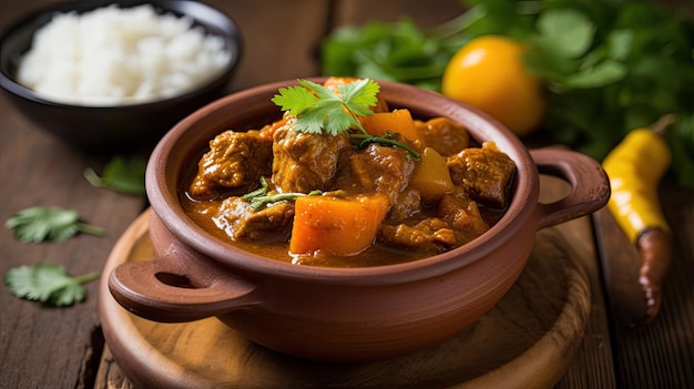 A bowl of beef stew with rice and vegetables