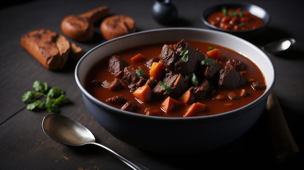 A bowl of beef stew with a spoon next to it