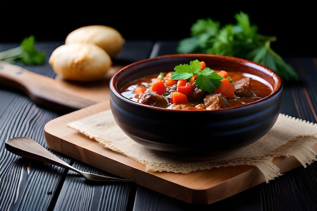 a bowl of beef stew with a spoon and potatoes on a wooden board.