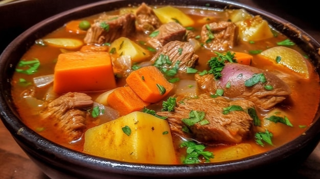 A bowl of beef stew with vegetables and herbs