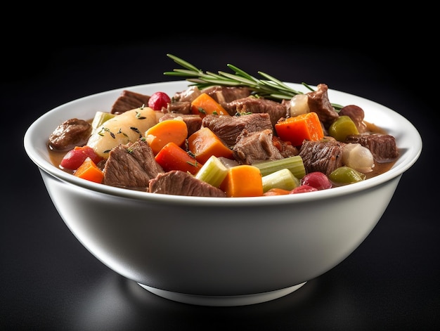 A bowl of beef stew with vegetables and herbs.