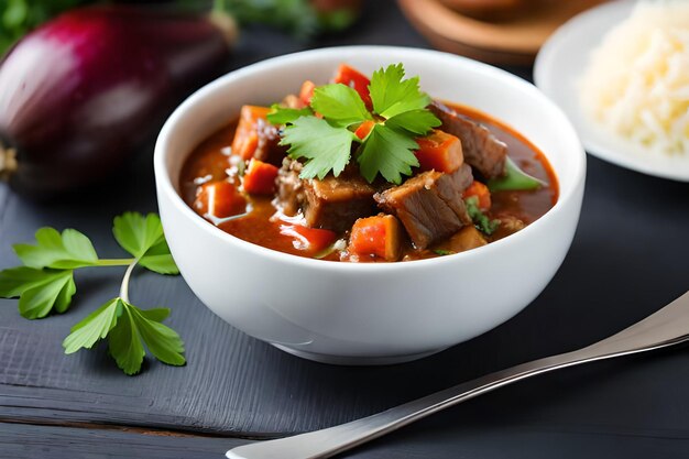 a bowl of beef stew with vegetables and a spoon.