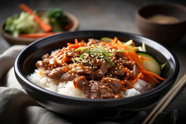 A bowl of beef stir fry with rice and vegetables.