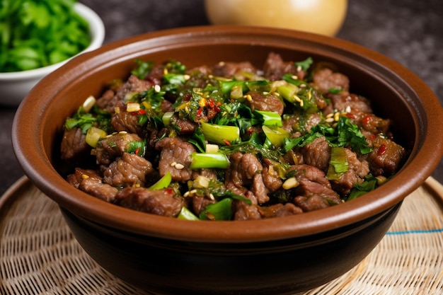 A bowl of beef with green onions and garlic