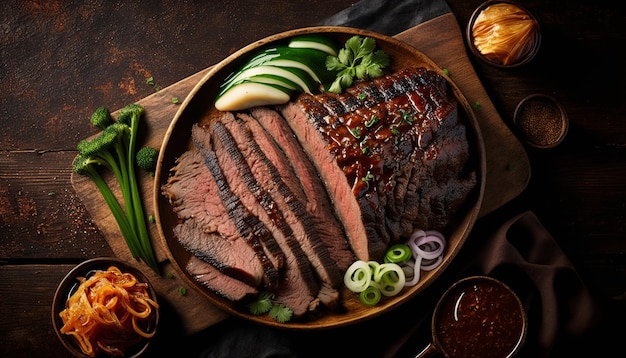 A bowl of beef with a side of vegetables and a bowl of sauce.