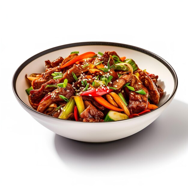 Bowl of beef with vegetables and meat with a black background